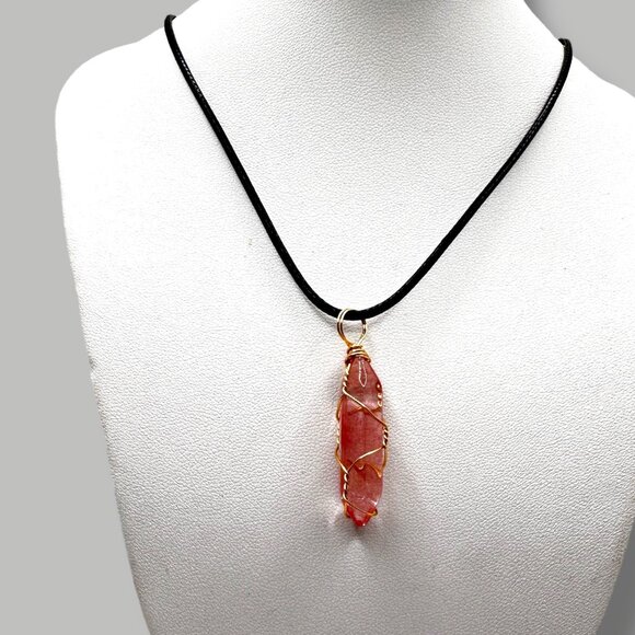 Handmade Pink Crystal Necklace Wrapped In Gold Wire With Black Cord AdJ Necklace - Picture 1 of 9